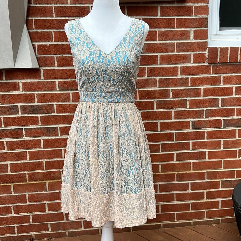 Minuet Blue and Gold Lace A-Line Dress Size S